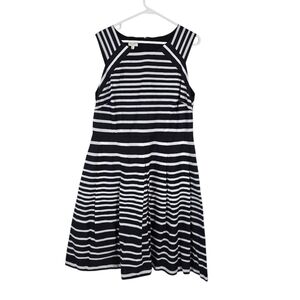 Talbots Black/White Striped Cotton Square Neck Shift Dress 16 Pleated Pockets